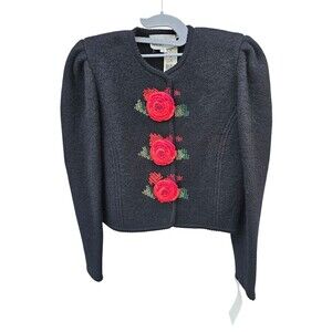 Vintage BRANDON Pure Virgin Wool Sweater Jacket Crop Floral Embroidered Cardigan